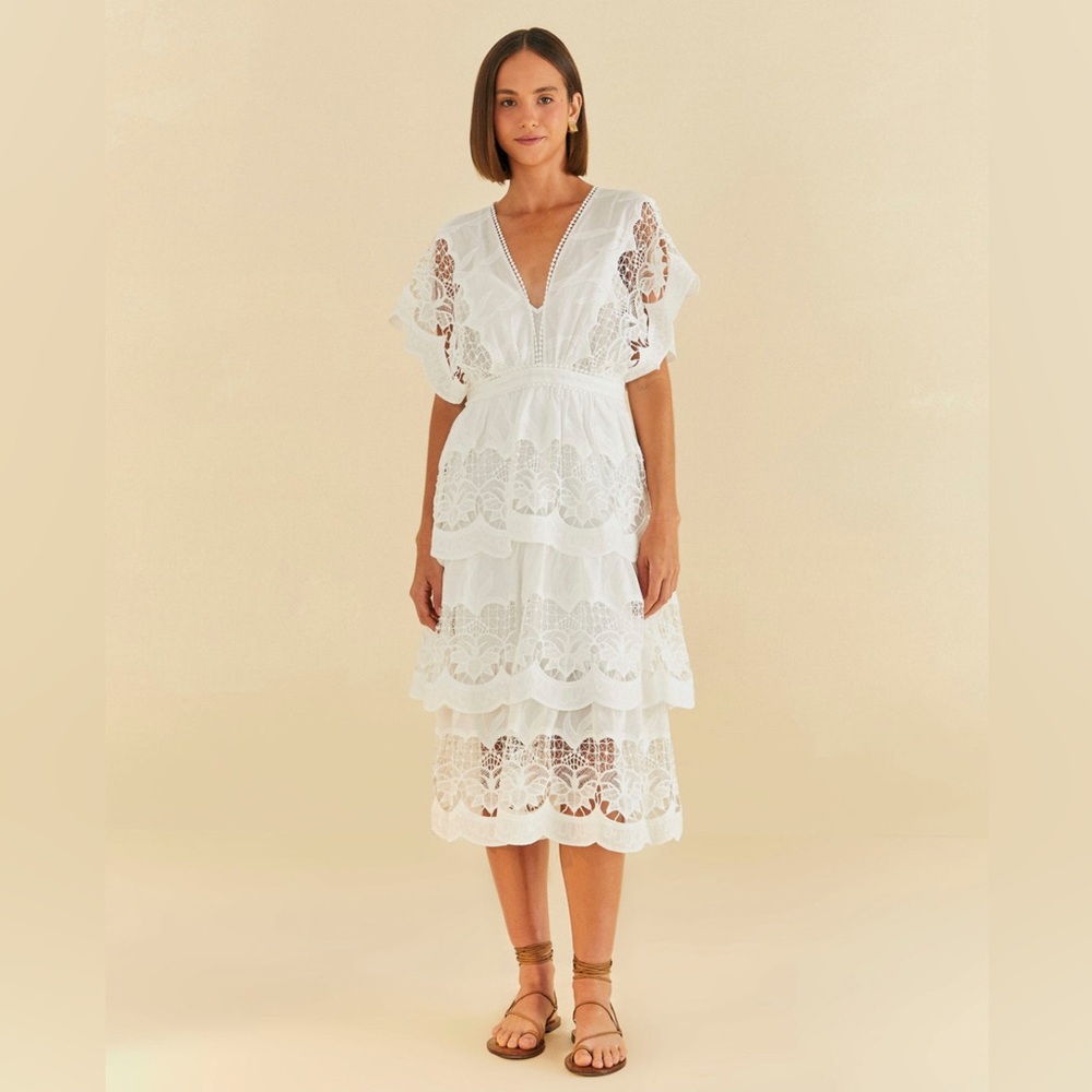 Farm Rio Off-White Richelieu Midi Dress